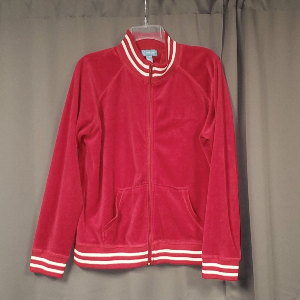 SOHO LADY LARGE RED W/ WHITE STRIPES ON SLEEVE VELOUR TRACK JACKET